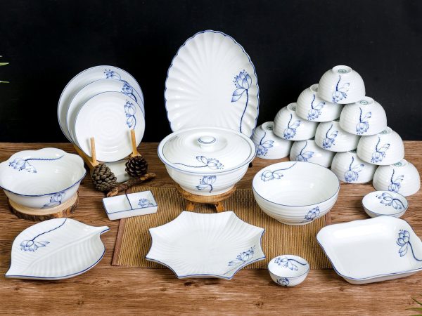 Bộ Bát đĩa Bát Tràng Hoa Sen Lam – 8635 | Bộ Bát Đĩa Đẹp