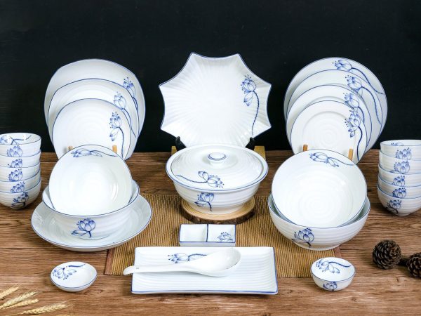 Bộ Bát đĩa Bát Tràng Hoa Sen Lam – 8636 | Bộ Bát Đĩa Đẹp