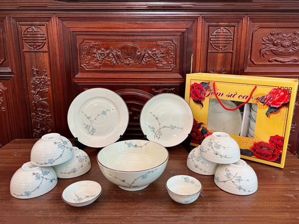 Bộ Bát đĩa Bát Tràng Vẽ Hoa đào Xanh – 8611 | Bộ Bát Đĩa Đẹp