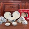 Bộ Bát đĩa Bát Tràng Vẽ Hoa Sen Lam – 8612 | Bộ Bát Đĩa Đẹp