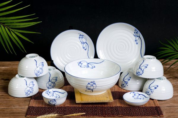 Bộ Bát đĩa Bát Tràng Vẽ Hoa Sen Lam 8634 | Bộ Bát Đĩa Đẹp