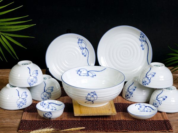 Bộ Bát đĩa Bát Tràng Vẽ Hoa Sen Lam 8634 | Bộ Bát Đĩa Đẹp