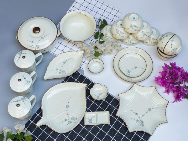 Bộ bát đĩa Bát Tràng men kem vẽ hoa Đào xanh